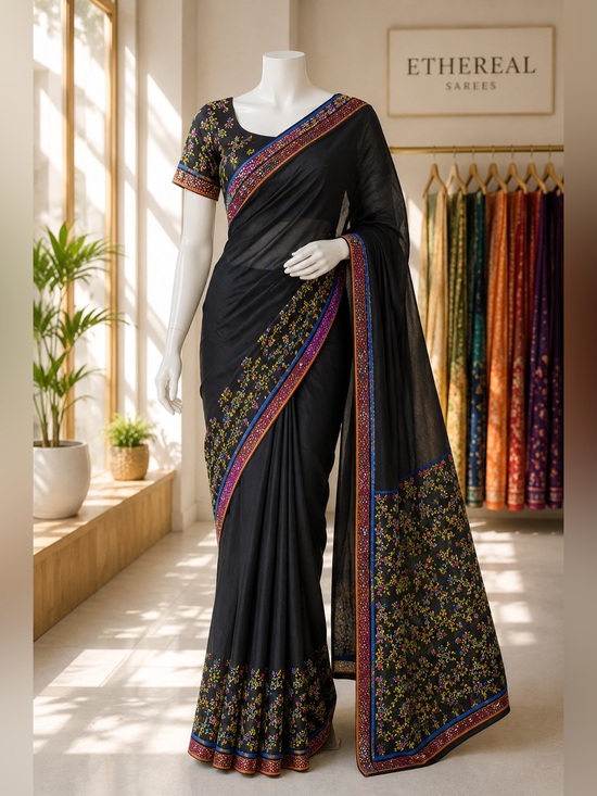 Other - Elegant Black Embroidered Saree with Matching Blouse | Blouse Size 34